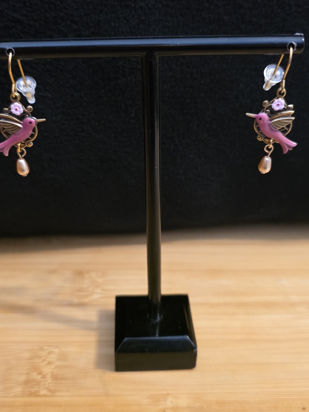 Silver Forest Pink Hummingbird Drop Earrings with Gold Accents